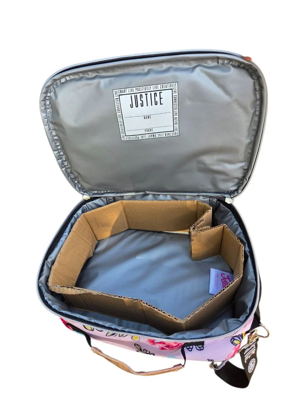 Justice Gold Metallic Shimmery Crossbody Lunch Box Tropic Floral-Patterned Logo
